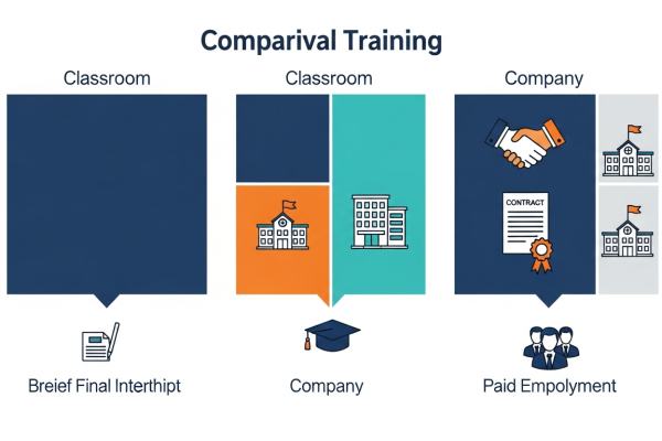 Comparativa visual de la distribución de tiempo entre el centro educativo y la empresa según la modalidad de Formación Profesional.