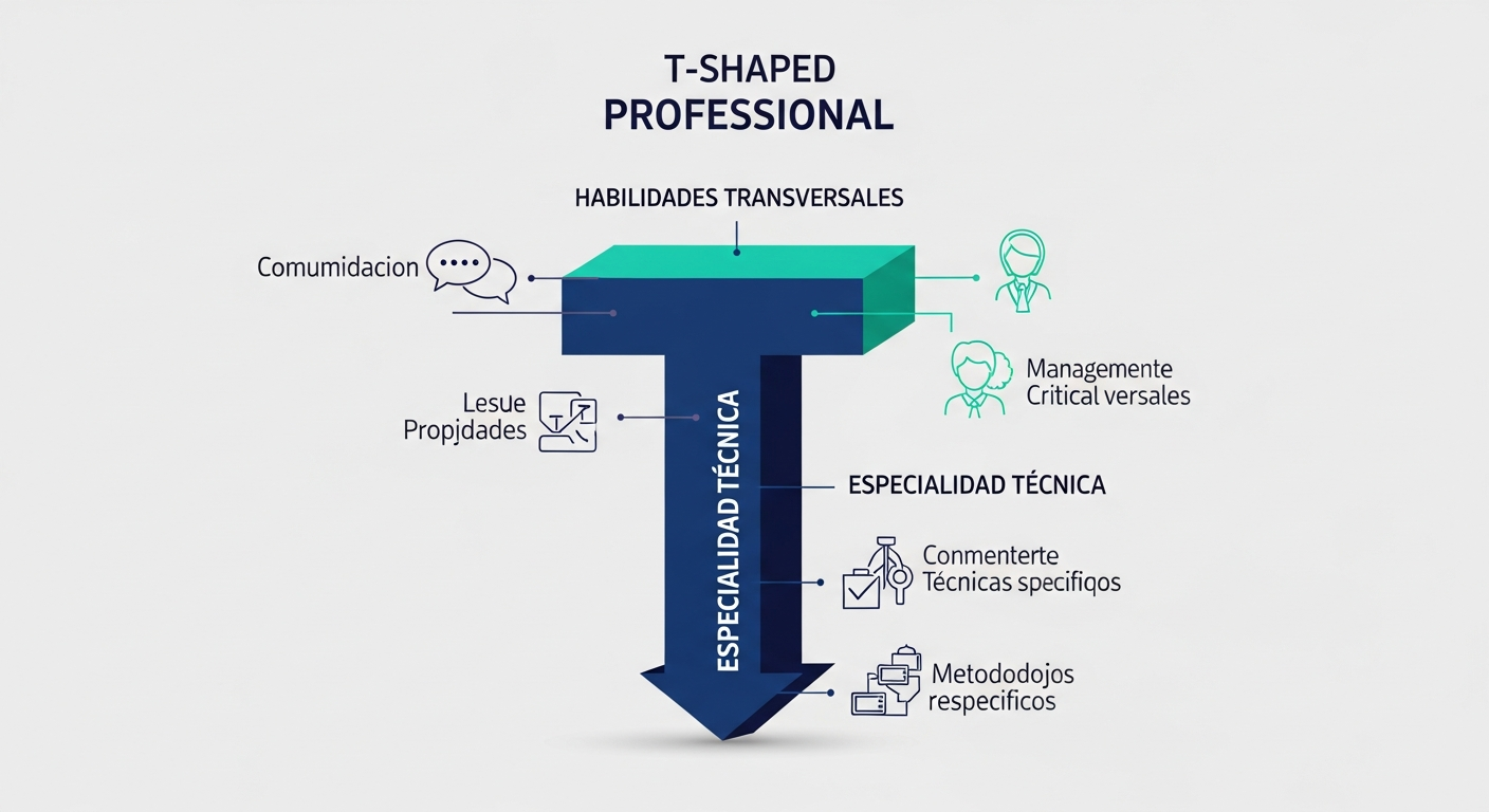 Gráfico del modelo T-Shaped: barra horizontal para habilidades transversales y barra vertical para conocimiento profundo.