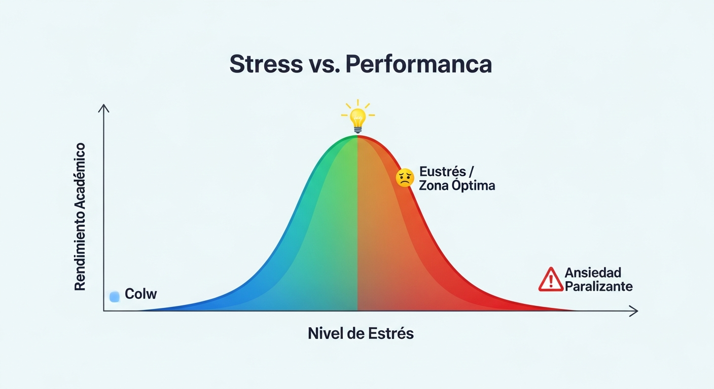 Gráfico de la curva del estrés que muestra la relación entre el nivel de activación y el rendimiento laboral.