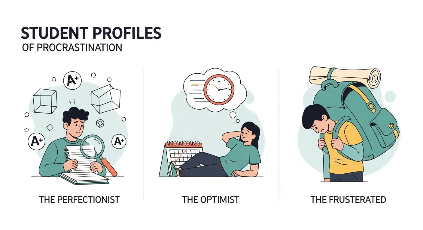 Gráfico que muestra los tres perfiles principales del procrastinador para identificar patrones de comportamiento.