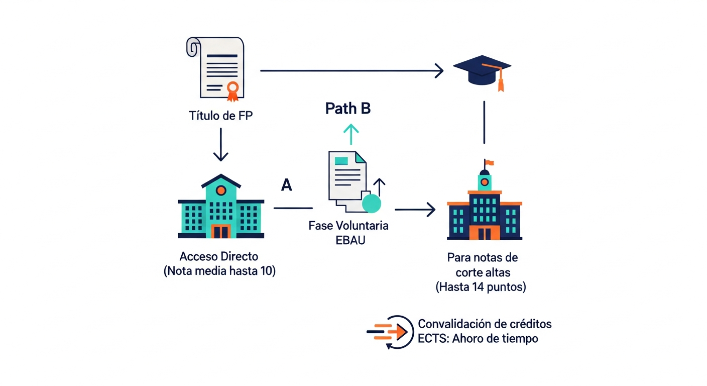 Esquema que muestra las vías de acceso a la Universidad desde un Grado Superior y el proceso de convalidación de créditos ECTS.