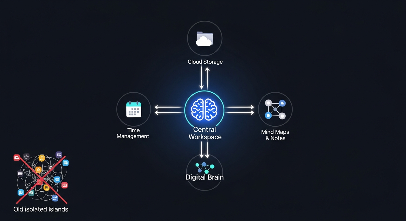 Gráfico del ecosistema del Cerebro Digital que muestra la integración de diferentes herramientas para optimizar el flujo de información.