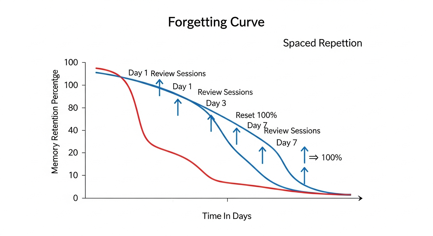 Gráfico que muestra el impacto de la repetición en la memoria a lo largo del tiempo.